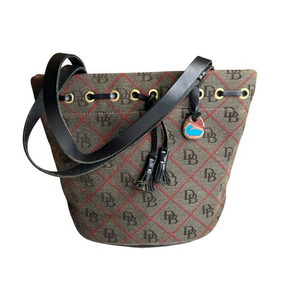 Dooney & Bourke Gray Handbag Signature Monogram Tote Canvas Leather Bucket Bag - Picture 1 of 16
